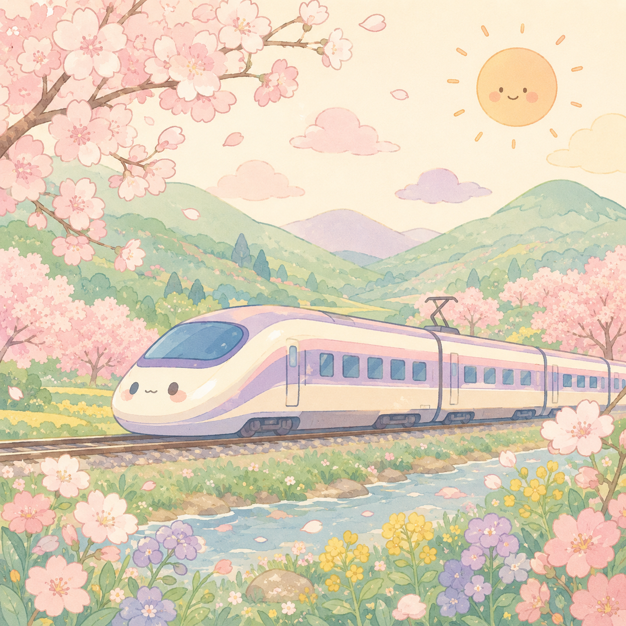 cute pastel KTX train through the Korean countryside